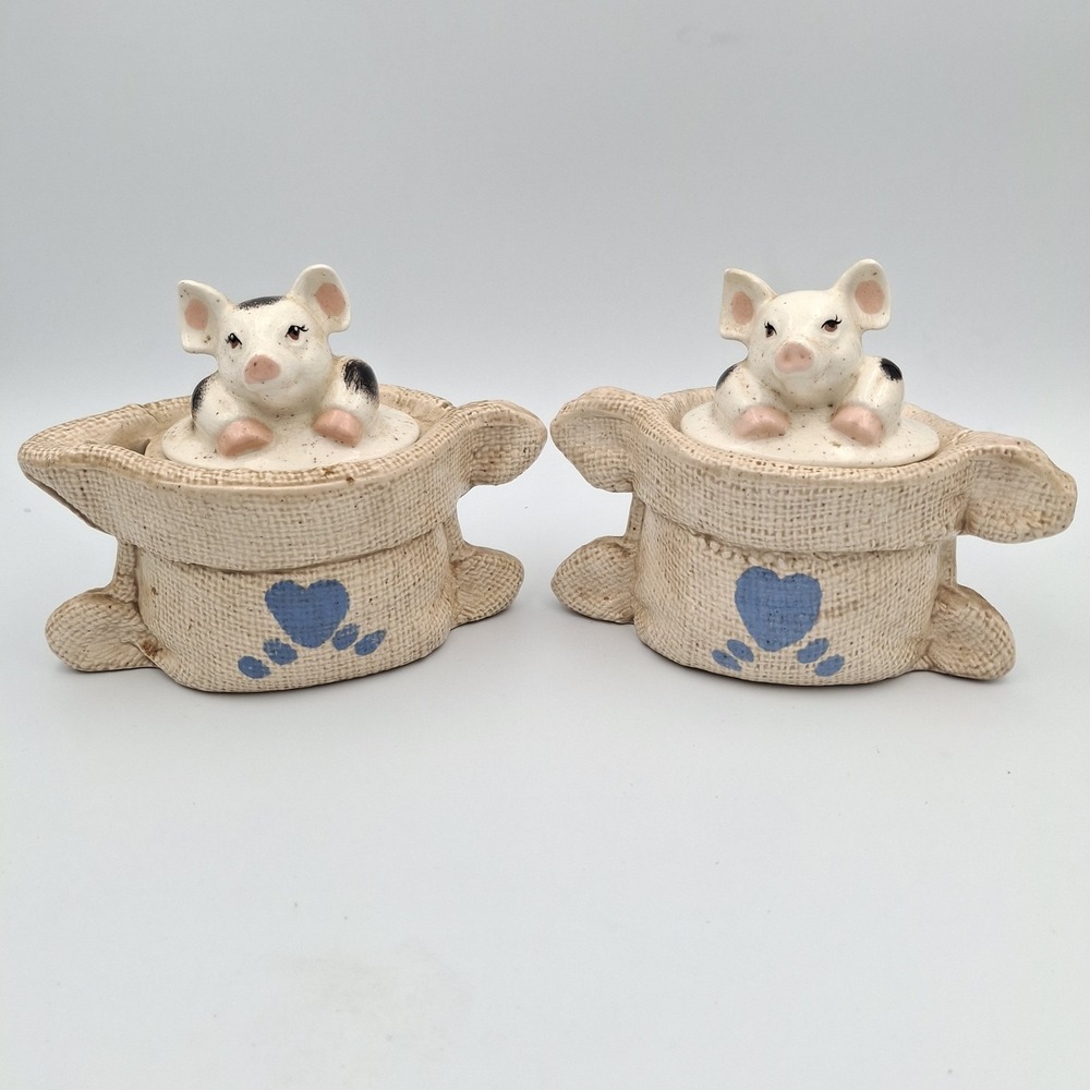Pigs In A Burlap Bag Blue Heart Ceramic Kitchen Jars 4.5 Inches Set‎ Of 2